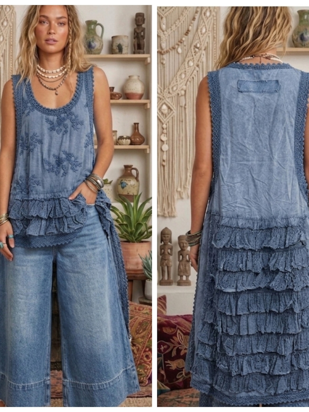 Blue Ruffled Eyelit Sleeveless Tunic Top